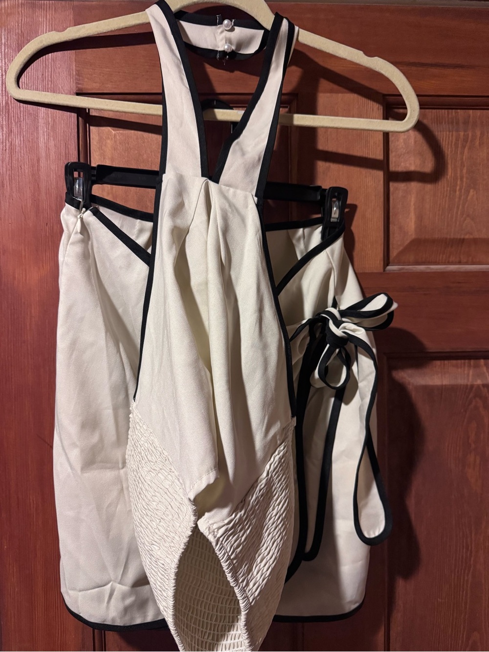 SHEIN Cream Jumpsuit with Black Trim and Tie Detail